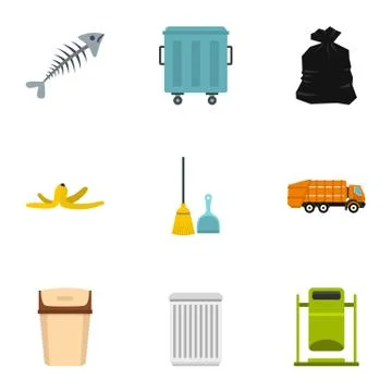 Waste utilization icons set, flat style Stock Illustration