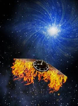 Wasted time - Clock with burning wings Clock with burning wings flies to b... Stock Photos