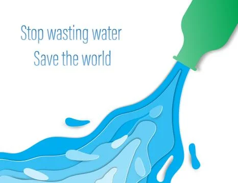 Wasteful water consumption reduction concept. Water flowing out of green bott Stock Illustration