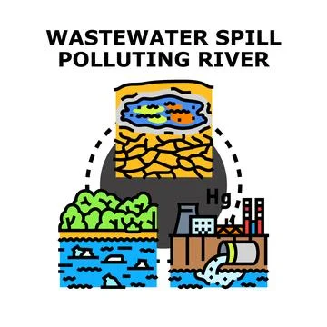 Wastewater spill polluting river causing environmental damage Stock Illustration