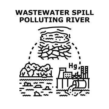 Wastewater spill polluting river causing environmental damage Stock Illustration