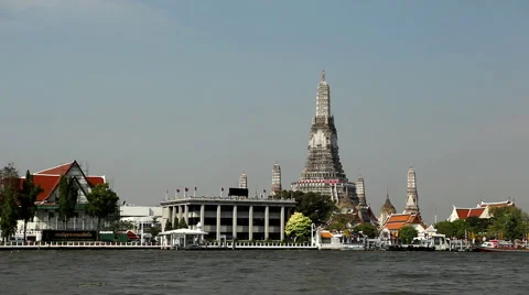 Wat Arun, Buddhist Temple of the Dawn in Bangkok, Thailand, Chao Phraya River Stock Footage