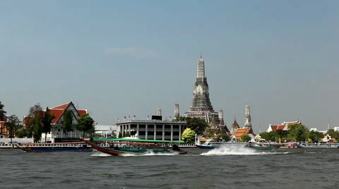 Wat Arun, Buddhist Temple of the Dawn in Bangkok, Thailand, Chao Phraya River Stock Footage