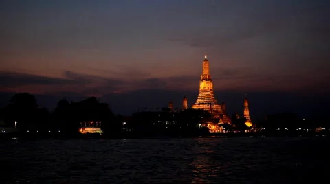 Wat Arun, By Night, Temple of the Dawn in Bangkok, Thailand, Chao Phraya River Stock Footage