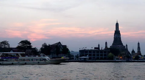 Wat Arun, Twilight, Temple of the Dawn in Bangkok, Thailand, Chao Phraya River Stock Footage