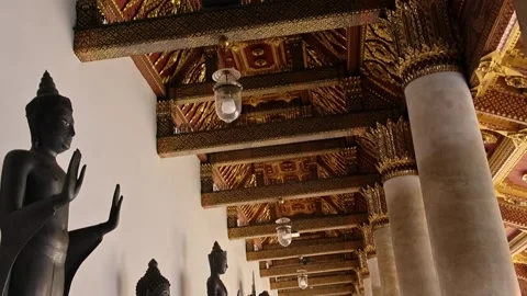 Wat Benchamabophit Ornate Ceiling Carved Wood Beams Buddha Statues Stock Footage 338207802