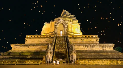 Wat Chedi Luang Famous Temple and Fire Lanterns Of Chiang Mai, Thailand(effects) Stock Footage 36675538