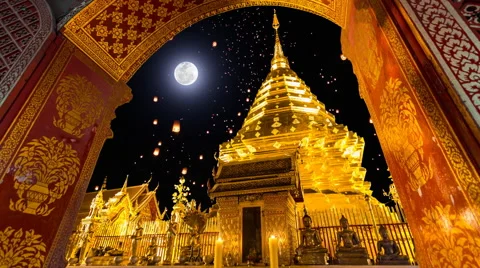 Wat Phra That Doi Suthep Temple And Sky Fire Lantern On Full Moon Background Stock Footage 45824837