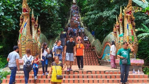 Wat Phra That Doi Suthep Temple And People Walking On Staircase Of Thailand Stock Footage 73860246