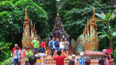 Wat Phra That Doi Suthep Temple And People Walking On Staircase Of Thailand Stock Footage 73860710