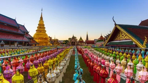 Wat Phra That Hariphunchai and Many Lanterns Decorations Of Lamphun, Thailand Stock Footage 99115279