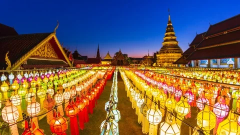 Wat Phra That Hariphunchai and Many Lanterns Decorations Of Lamphun, Thailand Stock Footage 99117623