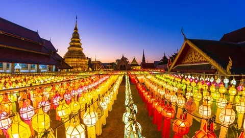 Wat Phra That Hariphunchai and Many Lanterns Decorations Of Lamphun, Thailand Stock Footage 99119718
