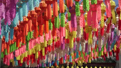 Wat Phra That Hariphunchai And Many Lanterns Decorations Of Lamphun, Thailand Stock Footage 221007149