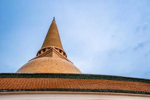 Wat Phra Pathom Chedi in blue sky, Thailand. Golden stupas. Stock Photos