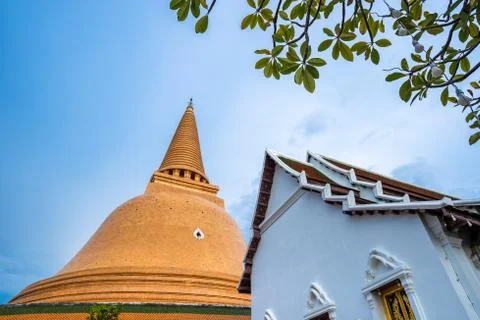 Wat Phra Pathom Chedi in blue sky, Thailand. Golden stupas. Stock Photos