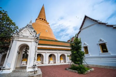 Wat Phra Pathom Chedi in blue sky, Thailand. Golden stupas. Stock Photos