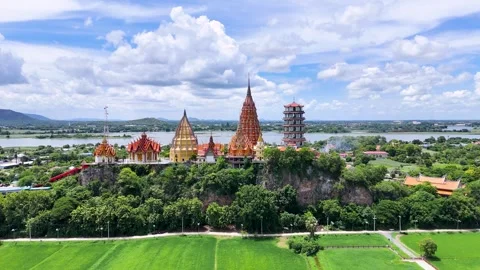 Wat Tham Suea Buddhist temple aerial view Kanchanaburi Thailand travel landmark Stock Footage 339090617