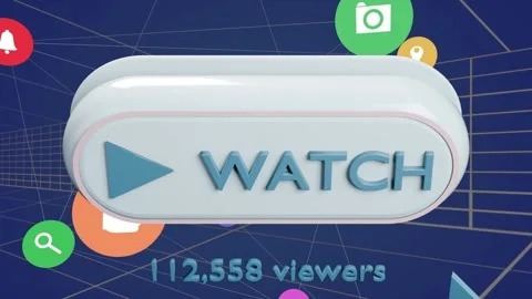 WATCH button growing as cursor approaching, icons orbiting, flashing and Stock Footage 339494824