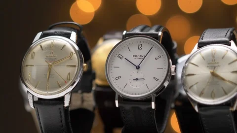 Watch Collection on Stands Panning Stock Footage 93039417