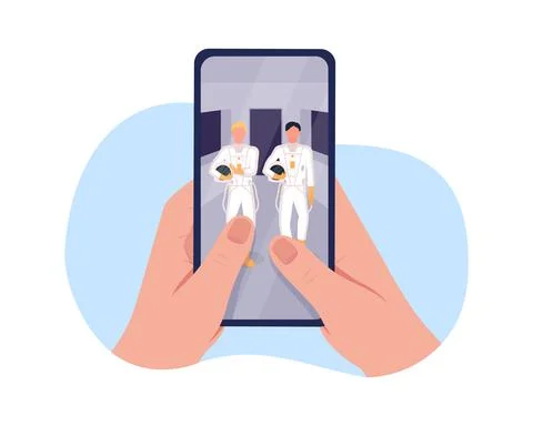 Watch cosmonauts on smartphone 2D vector isolated illustration Stock-Illustration