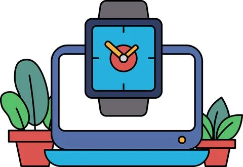 A watch is displayed on a computer screen with a green plant in the backgroun Stock Illustration