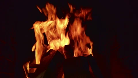 Watch flames dance in a cozy fireplace at night while logs crackle and glow Stock Footage 342369963