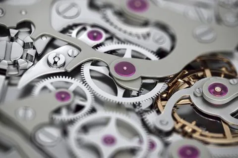 Watch machinery 3D rendering with gears close-up view with dof Stock Illustration