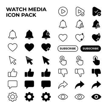 Watch Media Icon Pack featuring play button, notification bell, heart, subs.. Stock Illustration
