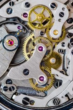 Watch movement, close-up or macro of parts. Stock Photos