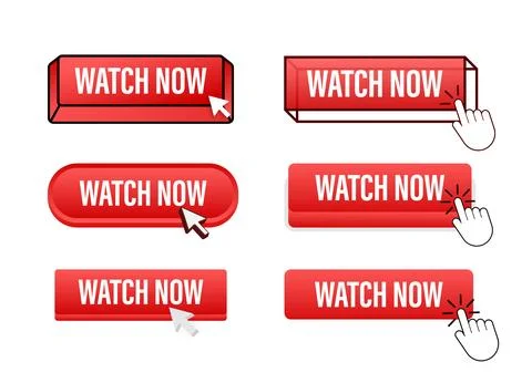 Watch Now Button with pointer clicking. Watch Now web buttons set. Play video Stock Illustration