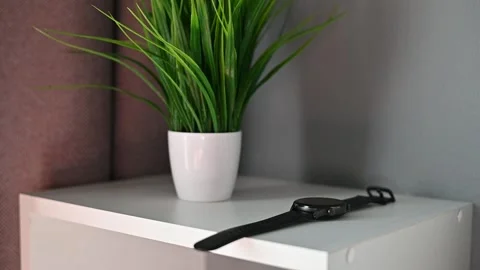 A watch rests on a table beside a potted plant. The setting features simple Vidéo 336778399