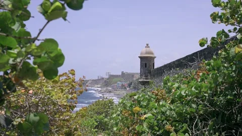 Watch tower along beach trail in El Morro castle at old San Juan, Puerto Rico Stock Footage 155165026