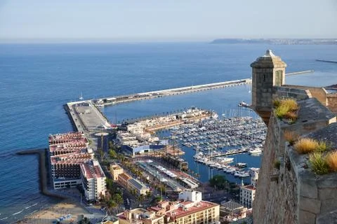Watch Tower, sentry box in santa barbara castle with the sea. Alicante Spain Stock Photos