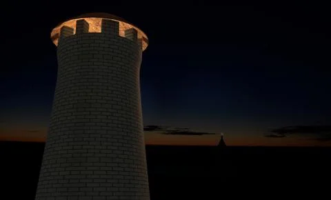 Watch tower on sunset sky 3d illustration Stock Illustration