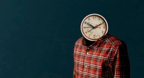 Watches clock instead of human head, work time concept, creative idea Stock Photos
