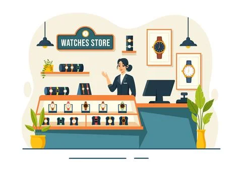 Watches Store Vector Illustration with Presentation of Stylish Wristwatch C.. Illustrazione stock