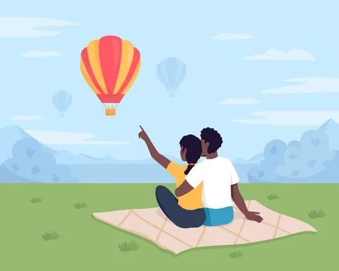 Watching air balloons flat color vector illustration Stock-Illustration