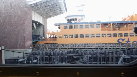 Watching a big ship from a dirty window on the dock winter day Stock Footage 136207511