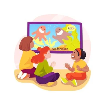 Watching cartoon in foreign language isolated cartoon vector illustration. Illustrazione stock