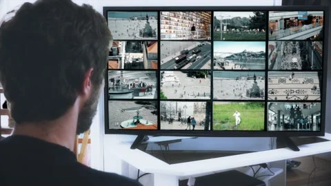 Watching City Multi Cams On Split Screen Monitor Video stock 142069410