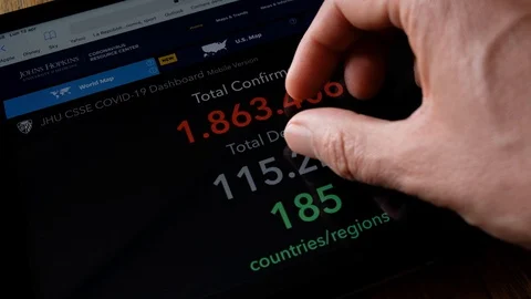 Watching coronavirus stats on internet Stock Footage 128324626