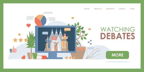 Watching debates vector flat web page template. Display with debate of political Stock Illustration
