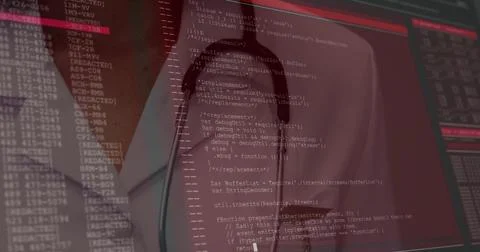 Watching doctor reading JavaScript code on glass screen in hospital stethoscope, 库存照片