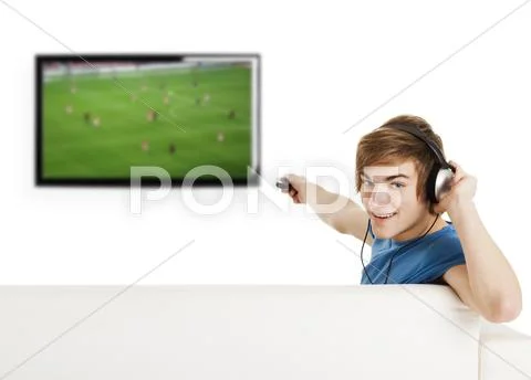 Watching football on tv Stock Photos