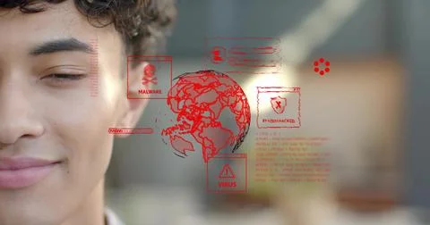Watching left man viewing AR threats in room, globe or MALWARE or VIRUS or Stock Photos