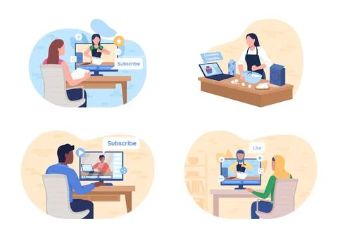 Watching online tutorial 2D vector web banner, poster set Illustrazione stock