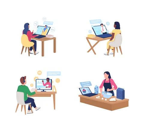 Watching online tutorials flat color vector faceless character set イラスト素材