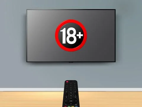 Watching online TV with 18 plus sign on screen. Remote control is pointed a.. Stock Illustration
