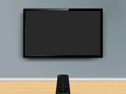 Watching online TV. Remote control is pointed at the TV on the wall. イラスト素材